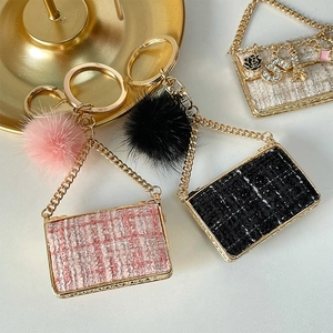 Mini tweed handbag keychain with plush pom pom and golden charms for women bag accessories