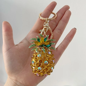 Sparkling pineapple keychain with yellow rhinestones and gold alloy lobster clasp