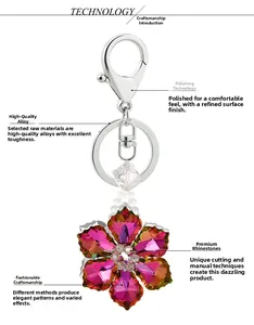 Detail view of pink crystal snowflake keychain with silver alloy clasp and rhinestones