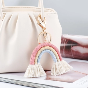 Bohemian rainbow tassel keychain with handmade woven pink and yellow cotton threads