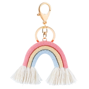 Handmade bohemian rainbow tassel keychain with colorful cotton rope and golden metal clip