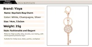 Détails techniques d'un porte-clés en forme de clé de 14cm avec strass et alliage