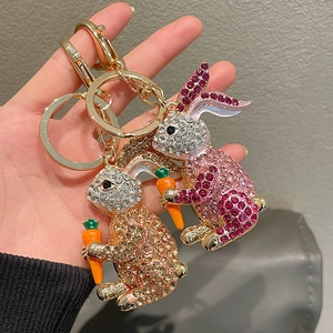 Creative cartoon rabbit keychains with shiny rhinestones and carrot charm in two colors