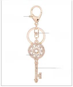 Détail du pendentif clé en alliage or rose avec motif floral et strass scintillants sur l'anneau