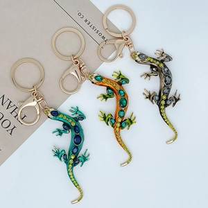 Three creative lizard keychains with colorful crystals and gold-plated alloy base