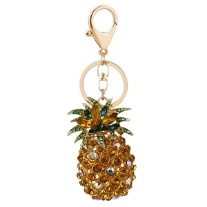 Sparkling rhinestone pineapple keychain with gold plating and green leaf crystal accents