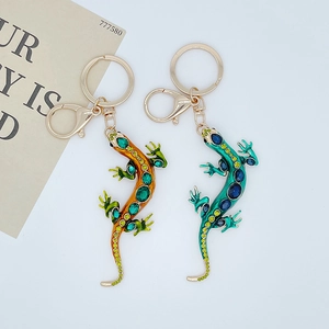 Creative crystal lizard keychains with colorful rhinestones in green and blue enamel finish