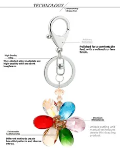Detail showing polished alloy key ring and multi-color crystal flower petals in macro view