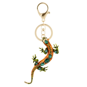 Fashionable lizard keychain with green rhinestones and gold alloy lobster clasp