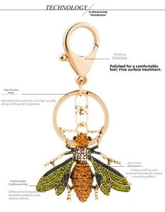 Detailed macro view of bee keychain featuring colorful rhinestones and gold alloy lobster clasp