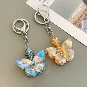 Handmade crystal butterfly keychain in aurora blue and amber gold with lobster clasp