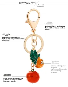 Detailed view of golden keychain with enamel green leaf, orange fruit, and red persimmon charms