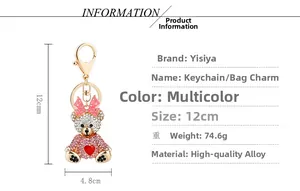 Détail du porte-clés ours en strass avec dimensions 12cm de hauteur et 4,8cm de largeur