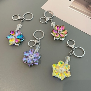 Floral crystal keychain set with colorful gradient flower pendants and metal rings