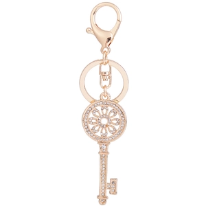 Porte-clés élégant en or rose avec strass brillants et design floral ajouré