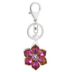 Sparkling pink crystal flower keychain with silver metal lobster clasp and key ring