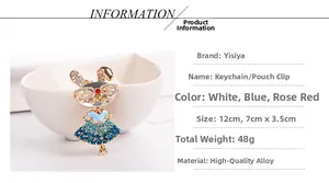 Detail view of rabbit keychain with blue crystal dress and alloy parameters