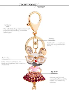 Detailed view of rhinestone rabbit keychain with pink dress and golden zinc alloy finish