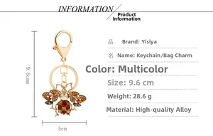 Detailed size specifications for the golden rhinestone bee keychain charm, 9.6cm total length