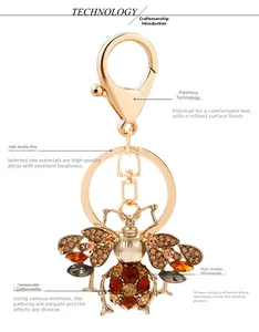Detail showing polished gold alloy bee keychain with multi-color sparkling rhinestones