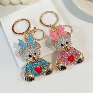 Porte-Clés Créatif Ours en Strass Avec Nœud et Cœur Pendentif de Sac en Alliage pour Femmes Filles Cadeau Décoration