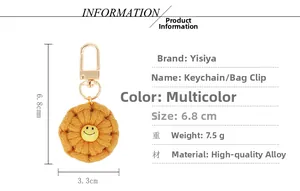 Detailed size specifications of handcrafted crochet flower keychain with yellow smiley face