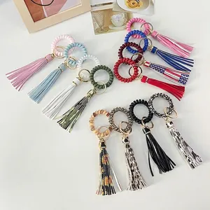 Leopard Sunflower Print PU Leather Tassel Keychain For Women Telephone Wire Spiral Wristlet Strap Key Ring Pendant Gift