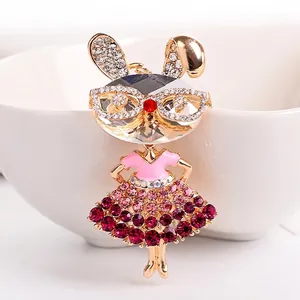 Cute Rhinestone Metal Bunny Girl Keychain Cartoon Rabbit Ballerina Pendant For Women Bag Charm Jewelry Accessory Gift