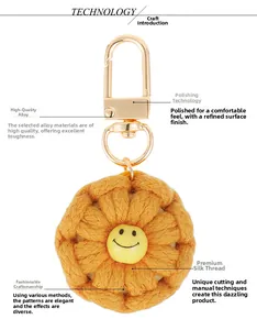 Macro detail of handmade crochet sunflower keychain with premium alloy hook and yarn texture