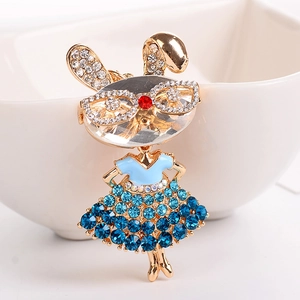 Sparkling rabbit girl charm with blue rhinestones and crystal head for bags or keys