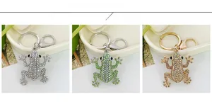 Detailed close-up of rhinestone frog keychains in silver and gold metal finishes