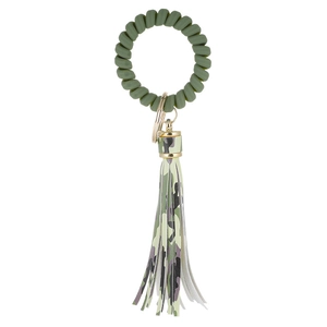 Olive green spiral coil bracelet with camouflage pattern tassel and gold metal ring