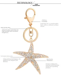 Détail d'un porte-clés étoile de mer doré serti de strass brillants avec fermoir mousqueton
