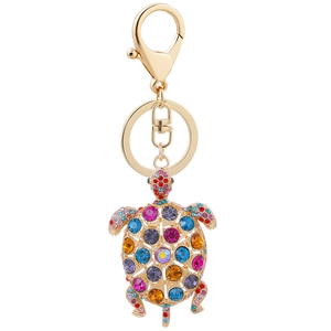 Portachiavi tartaruga con strass colorati, montatura dorata e moschettone