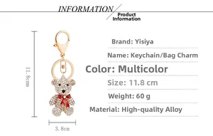 Detail view of rhinestone bear keychain showing dimensions 11.8cm by 3.8cm and 60g weight