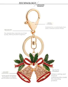 Detail of gold Christmas bell keychain with red rhinestones and holly leaf polishing