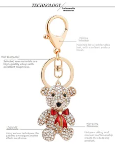 Detail of crystal teddy bear keychain with gold alloy finish and red enamel bow tie