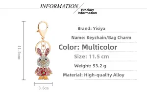 Detailed size specifications for rhinestone rabbit keychain with gold lobster clasp