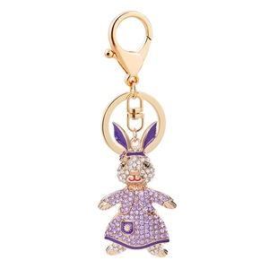 Portachiavi con coniglio carino con strass viola e chiusura a moschettone dorata