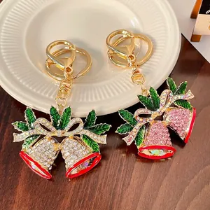 Christmas Bell Keychain For Women Zinc Alloy Rhinestone Enameled Double Bells Bag Pendant Gold Plated Holiday Gift Car Keyring