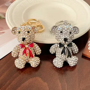 Exquisite Rhinestone Teddy Bear Keychain Zinc Alloy Metal Bow Bag Pendant Sparkling Crystal Key Ring For Women Girls Gift