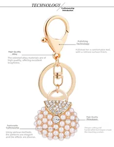 Detailed close-up of a golden alloy handbag keychain with pearls and crystals