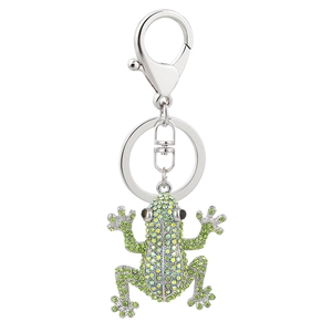 Sparkling green rhinestone frog keychain with silver alloy lobster clasp and ring for bags