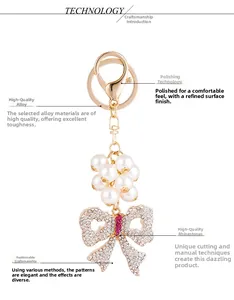 Detailed macro view of bow charm with pink crystals and pearls on gold keychain