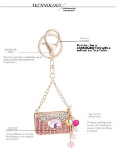 Vue détaillée du porte-clés sac à main en alliage doré avec cristaux roses étincelants