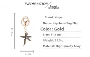 Detailed dimension guide of the crystal starfish keychain and bag charm in gold alloy