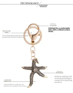 Macro view showing the polished alloy starfish keychain with sparkling inlaid rhinestones
