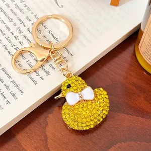 Creative Cartoon Animal Yellow Duck Rhinestone Keychain Cute Bowknot Zinc Alloy Bag Pendant For Women Gift Jewelry Key Ring