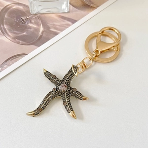 Marine Starfish Alloy Keychain Pavé Grey Rhinestone Brooch Dual-Use Gold Bag Pendant Car Keyring Jewelry Gift For Women