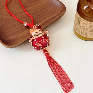 Lucky Maneki Neko car charm with red enamel alloy, rhinestones and elegant silk tassel